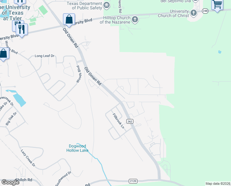 map of restaurants, bars, coffee shops, grocery stores, and more near 3972 Old Omen Road in Tyler