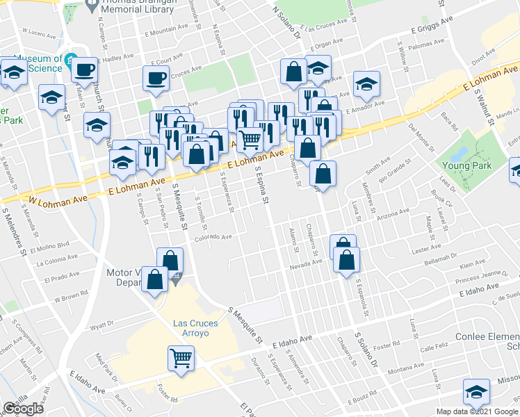map of restaurants, bars, coffee shops, grocery stores, and more near 704 South Espina Street in Las Cruces