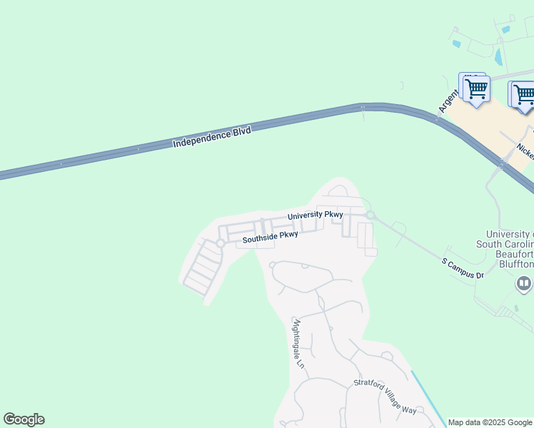 map of restaurants, bars, coffee shops, grocery stores, and more near 208 University Parkway in Bluffton