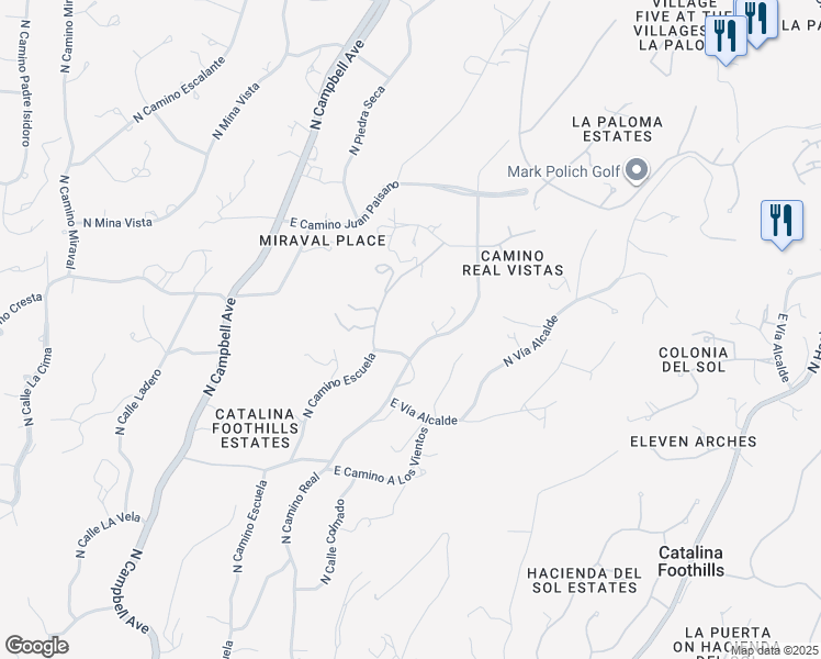 map of restaurants, bars, coffee shops, grocery stores, and more near 2801 East Camino Norberto in Tucson