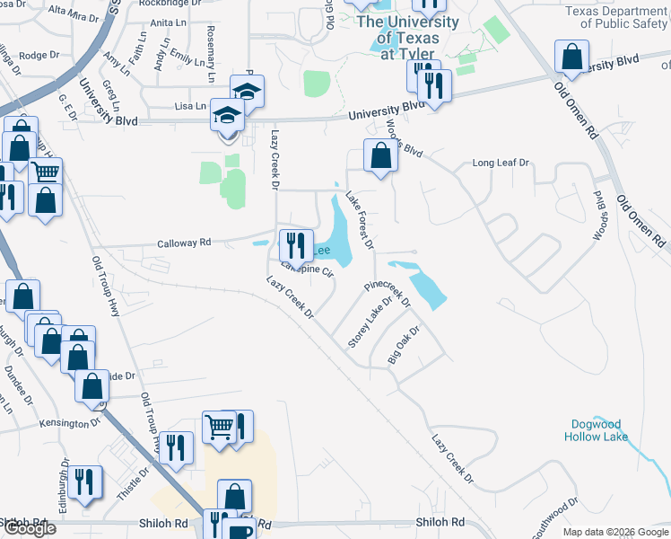 map of restaurants, bars, coffee shops, grocery stores, and more near 3208 Lakepine Circle in Tyler