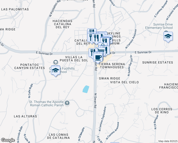 map of restaurants, bars, coffee shops, grocery stores, and more near 5455 North Swan Road in Tucson
