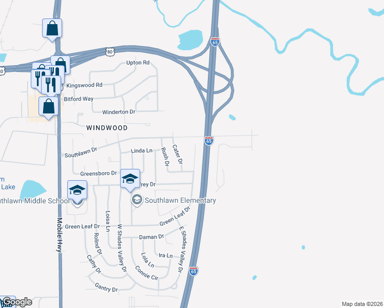 map of restaurants, bars, coffee shops, grocery stores, and more near 623 Green Leaf Drive in Montgomery