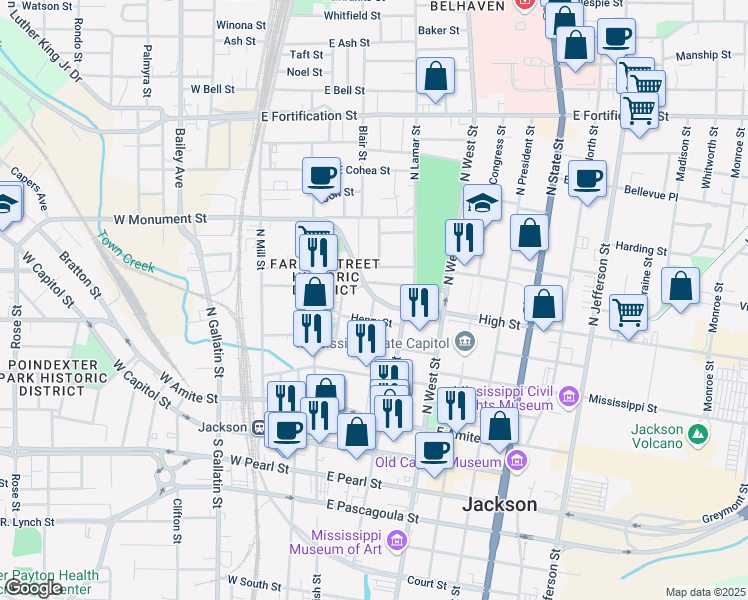 map of restaurants, bars, coffee shops, grocery stores, and more near 598 John Hart Street in Jackson