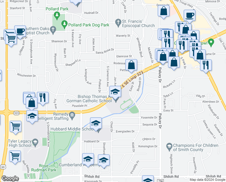 map of restaurants, bars, coffee shops, grocery stores, and more near 1320 East Southeast Loop 323 in Tyler