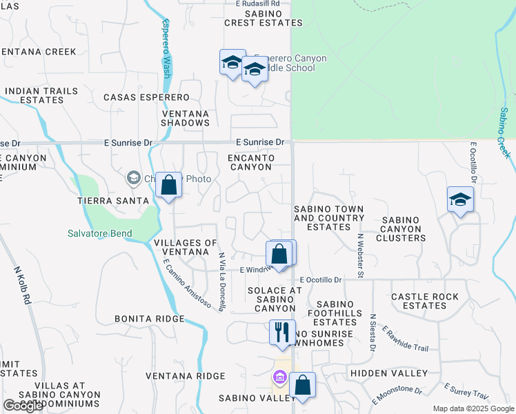 map of restaurants, bars, coffee shops, grocery stores, and more near 5411 North Paseo de la Terraza in Tucson