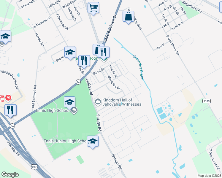 map of restaurants, bars, coffee shops, grocery stores, and more near 2108 Natchez Drive in Ennis