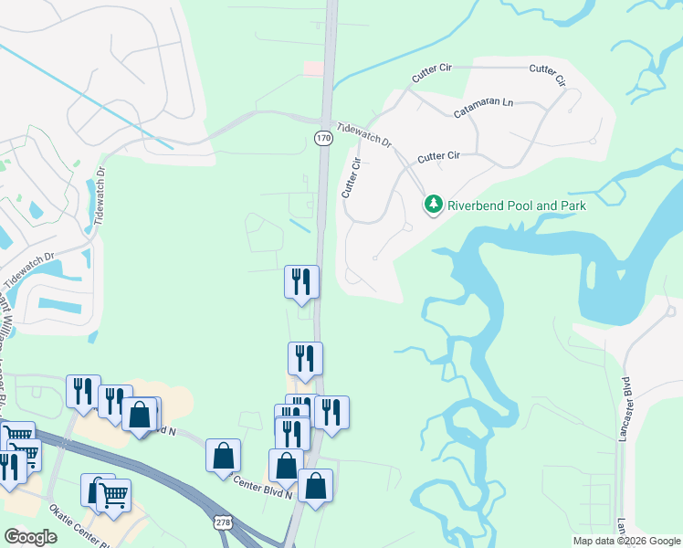 map of restaurants, bars, coffee shops, grocery stores, and more near 16 Dory Court in Bluffton