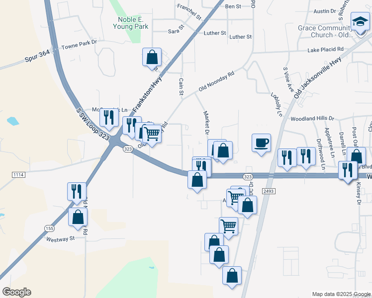 map of restaurants, bars, coffee shops, grocery stores, and more near 3900 Timms Street in Tyler