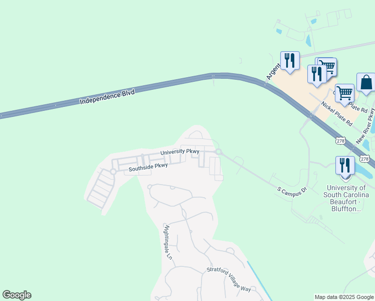 map of restaurants, bars, coffee shops, grocery stores, and more near 158 University Parkway in Okatie