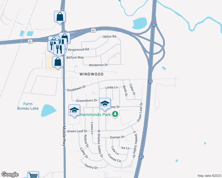 map of restaurants, bars, coffee shops, grocery stores, and more near 328 Linda Lane in Montgomery