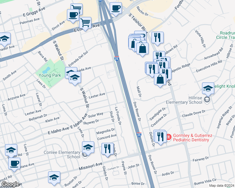 map of restaurants, bars, coffee shops, grocery stores, and more near 1131 La Fonda Drive in Las Cruces