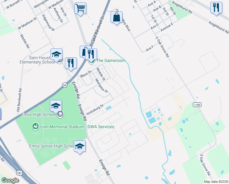 map of restaurants, bars, coffee shops, grocery stores, and more near 2304 Memphis Drive in Ennis