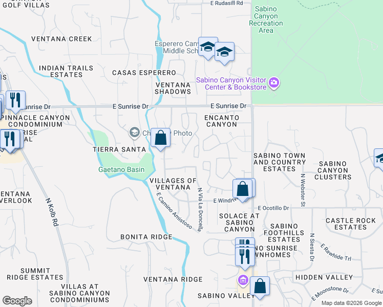 map of restaurants, bars, coffee shops, grocery stores, and more near 7668 East Dayview Circle in Tucson