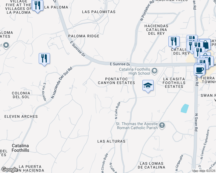 map of restaurants, bars, coffee shops, grocery stores, and more near 4100 East Pontatoc Canyon Drive in Tucson