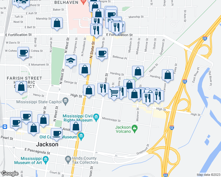 map of restaurants, bars, coffee shops, grocery stores, and more near 645 Rio Street in Jackson