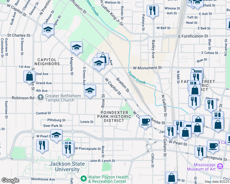 map of restaurants, bars, coffee shops, grocery stores, and more near 941 West Capitol Street in Jackson