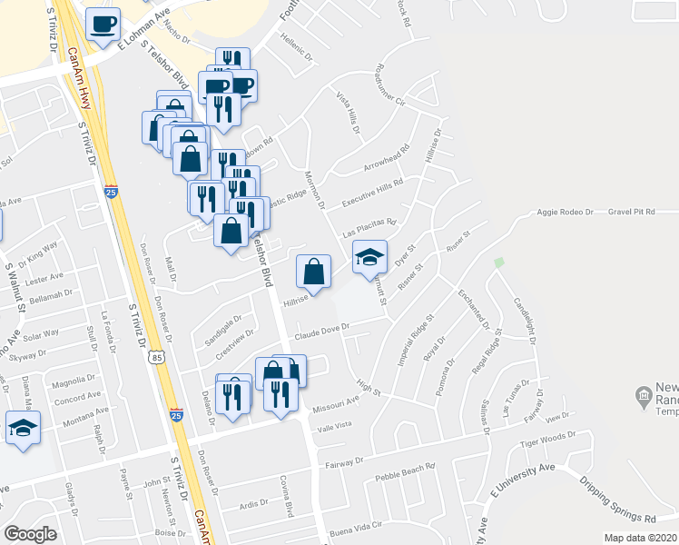 map of restaurants, bars, coffee shops, grocery stores, and more near 3024 Hillrise Drive in Las Cruces