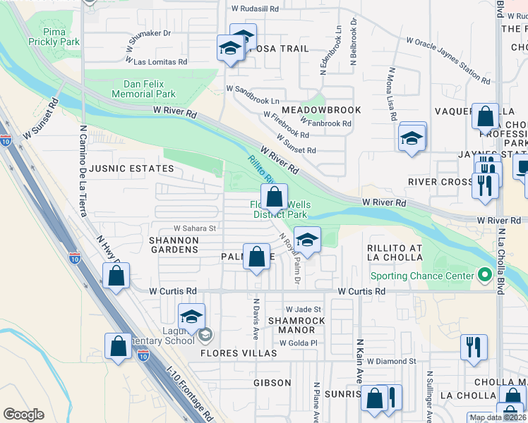 map of restaurants, bars, coffee shops, grocery stores, and more near 2808 West Palmetto Street in Tucson