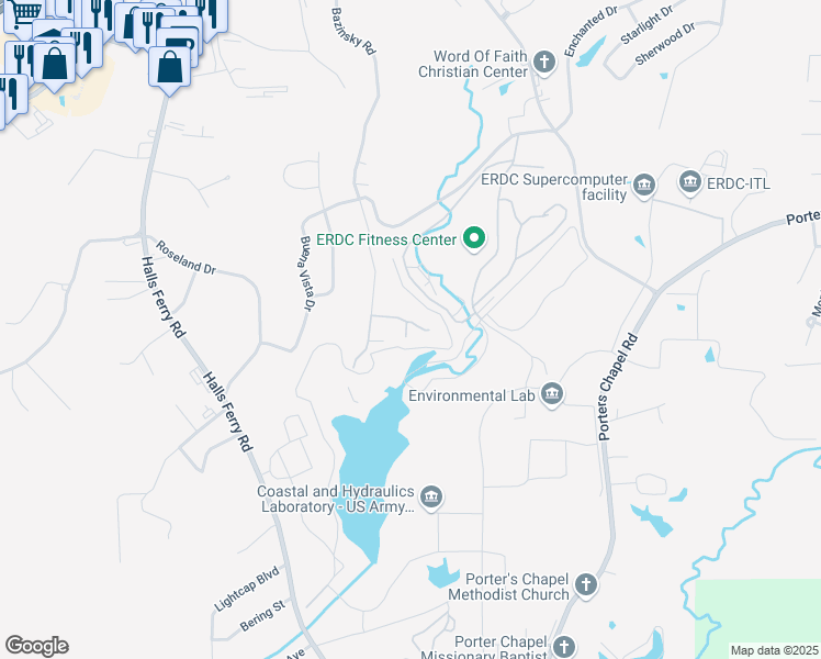 map of restaurants, bars, coffee shops, grocery stores, and more near 2404 Eastover Drive in Vicksburg