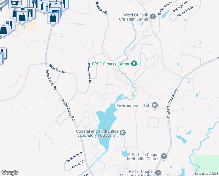 map of restaurants, bars, coffee shops, grocery stores, and more near 2 Lake Hill Drive in Vicksburg