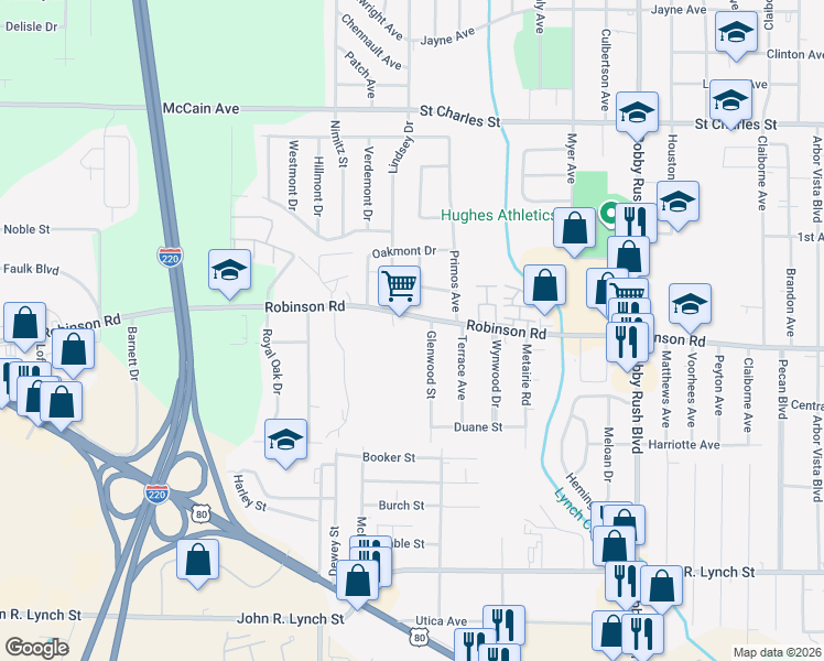 map of restaurants, bars, coffee shops, grocery stores, and more near 3165 Robinson Rd in Jackson