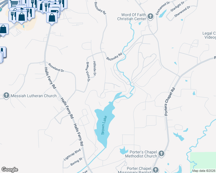 map of restaurants, bars, coffee shops, grocery stores, and more near 2 Lake Hill Drive in Vicksburg