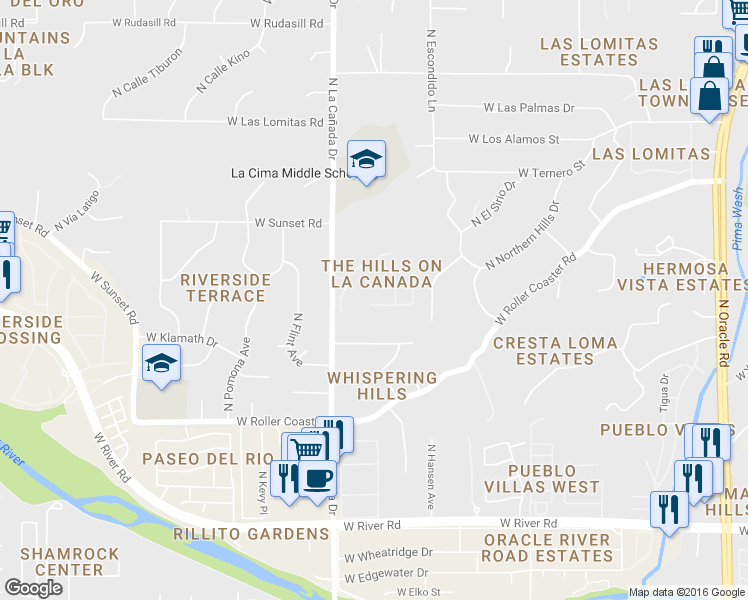 map of restaurants, bars, coffee shops, grocery stores, and more near 1316 West Paintbrush Place in Tucson