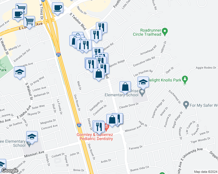 map of restaurants, bars, coffee shops, grocery stores, and more near 1200 South Telshor Boulevard in Las Cruces