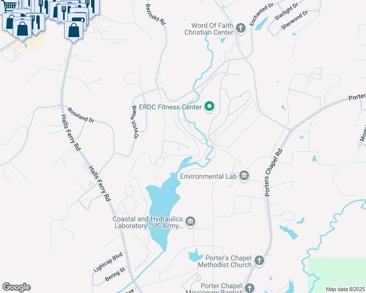 map of restaurants, bars, coffee shops, grocery stores, and more near 2404 Eastover Drive in Vicksburg