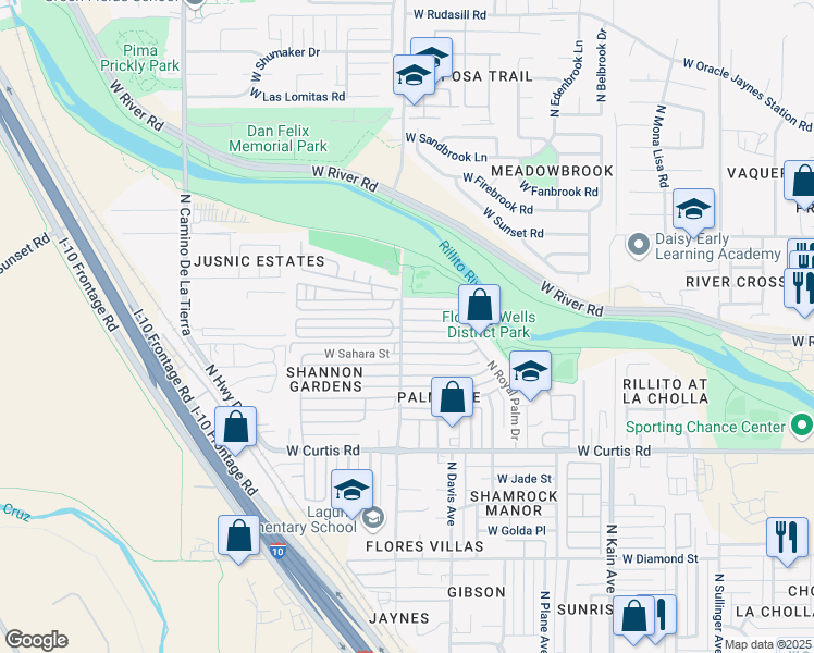 map of restaurants, bars, coffee shops, grocery stores, and more near 2877 West Palmetto Street in Tucson