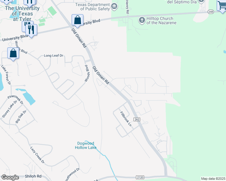 map of restaurants, bars, coffee shops, grocery stores, and more near 3905 Old Omen Road in Tyler