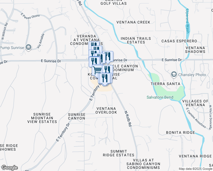 map of restaurants, bars, coffee shops, grocery stores, and more near 5451 North Kolb Road in Tucson