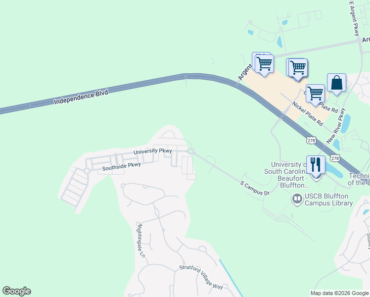 map of restaurants, bars, coffee shops, grocery stores, and more near 102 University Parkway in Bluffton