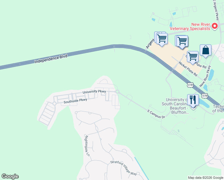 map of restaurants, bars, coffee shops, grocery stores, and more near 108 University Parkway in Bluffton