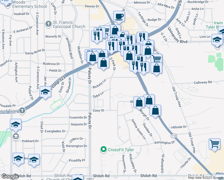 map of restaurants, bars, coffee shops, grocery stores, and more near 4102 South Park Drive in Tyler