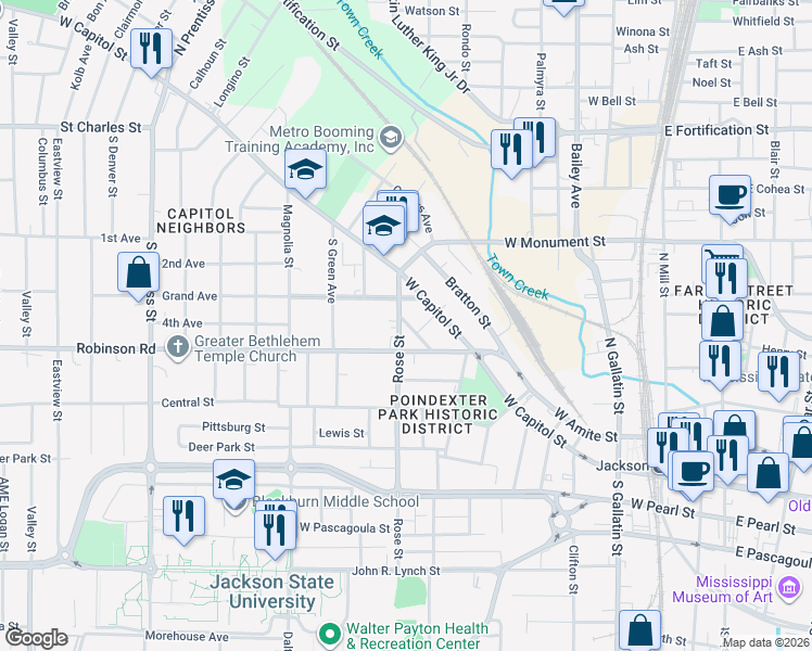 map of restaurants, bars, coffee shops, grocery stores, and more near 230 Rose Street in Jackson