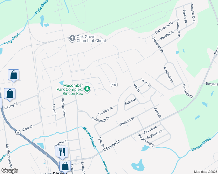 map of restaurants, bars, coffee shops, grocery stores, and more near 425 Plantation Way in Rincon