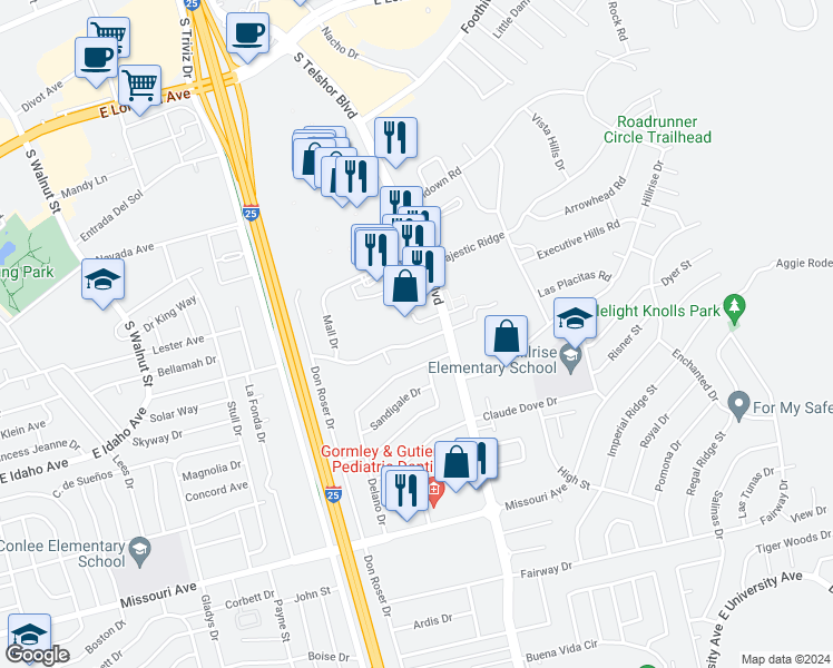 map of restaurants, bars, coffee shops, grocery stores, and more near 2702 East Idaho Avenue in Las Cruces
