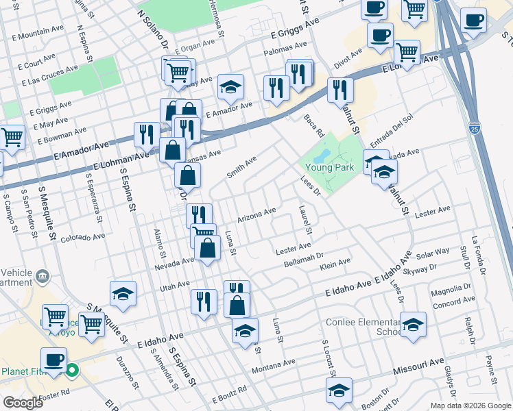 map of restaurants, bars, coffee shops, grocery stores, and more near 1771 Arizona Ave in Las Cruces