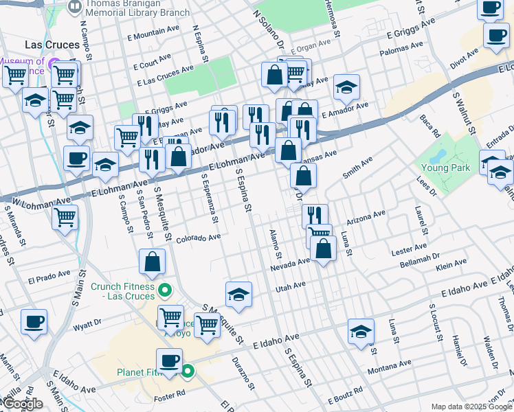 map of restaurants, bars, coffee shops, grocery stores, and more near 701 South Espina Street in Las Cruces