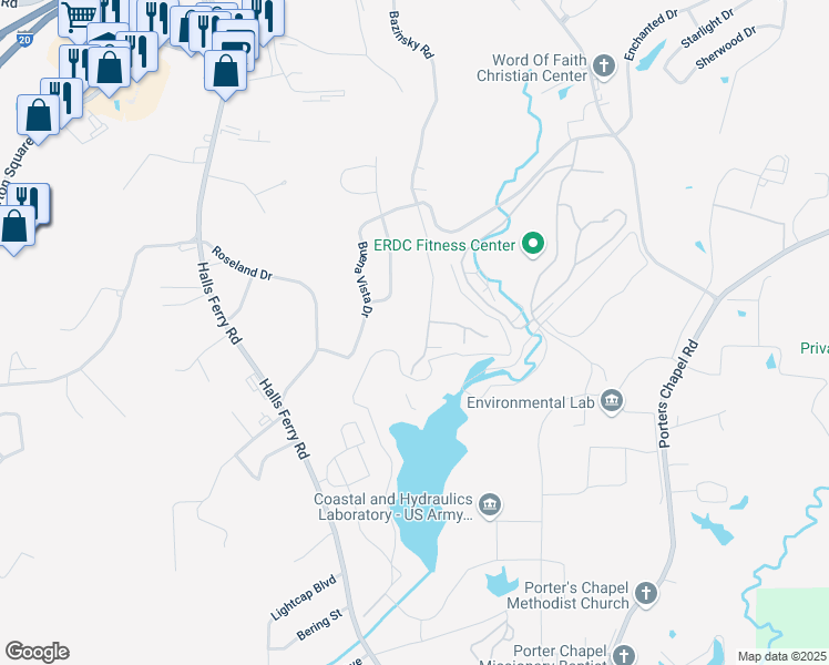 map of restaurants, bars, coffee shops, grocery stores, and more near 2 Lake Hill Drive in Vicksburg