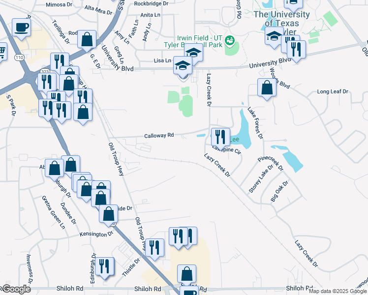 map of restaurants, bars, coffee shops, grocery stores, and more near 3837 Lazy Creek Drive in Tyler