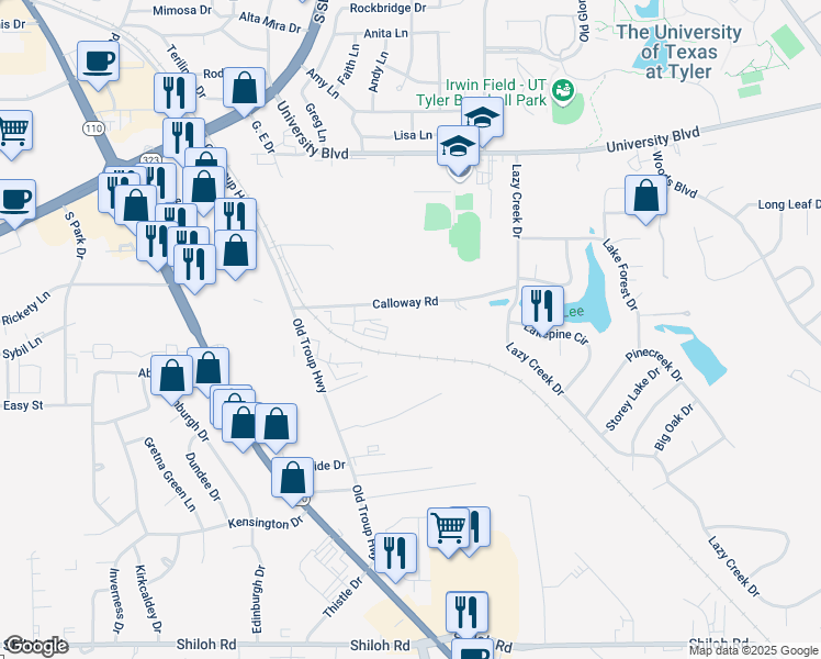 map of restaurants, bars, coffee shops, grocery stores, and more near 2801 Calloway Road in Tyler