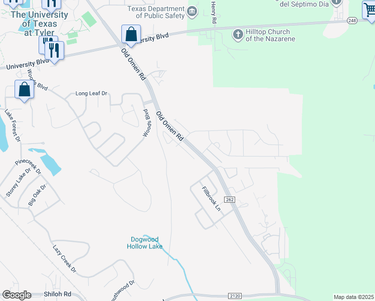 map of restaurants, bars, coffee shops, grocery stores, and more near 3905 Old Omen Road in Tyler