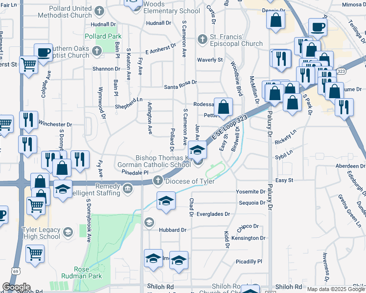 map of restaurants, bars, coffee shops, grocery stores, and more near 3820 South Cameron Avenue in Tyler