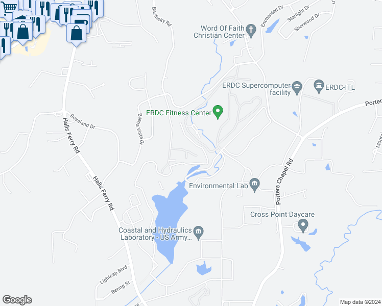 map of restaurants, bars, coffee shops, grocery stores, and more near 140 Eastover Drive in Vicksburg