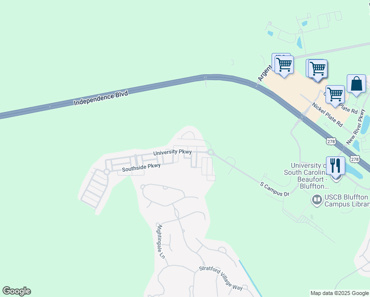 map of restaurants, bars, coffee shops, grocery stores, and more near 178 University Parkway in Bluffton