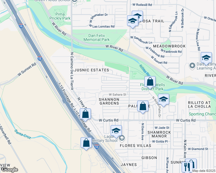 map of restaurants, bars, coffee shops, grocery stores, and more near 5445 North Shannon Road in Tucson