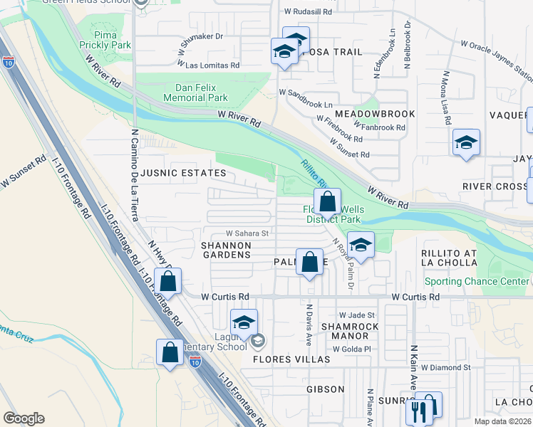 map of restaurants, bars, coffee shops, grocery stores, and more near 5445 North Shannon Road in Tucson